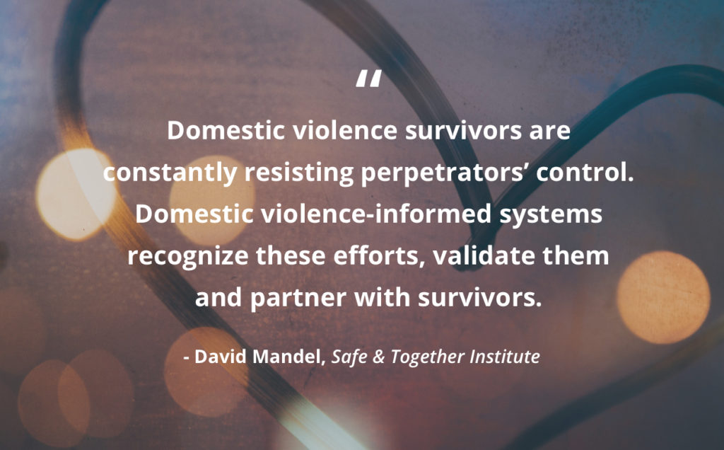 Domestic violence survivors are constantly resisting perpetrators' control. Domestic violence-informed systems recognize these efforts, validate them and partner with survivors. David Mandel, Safe & Together Institute